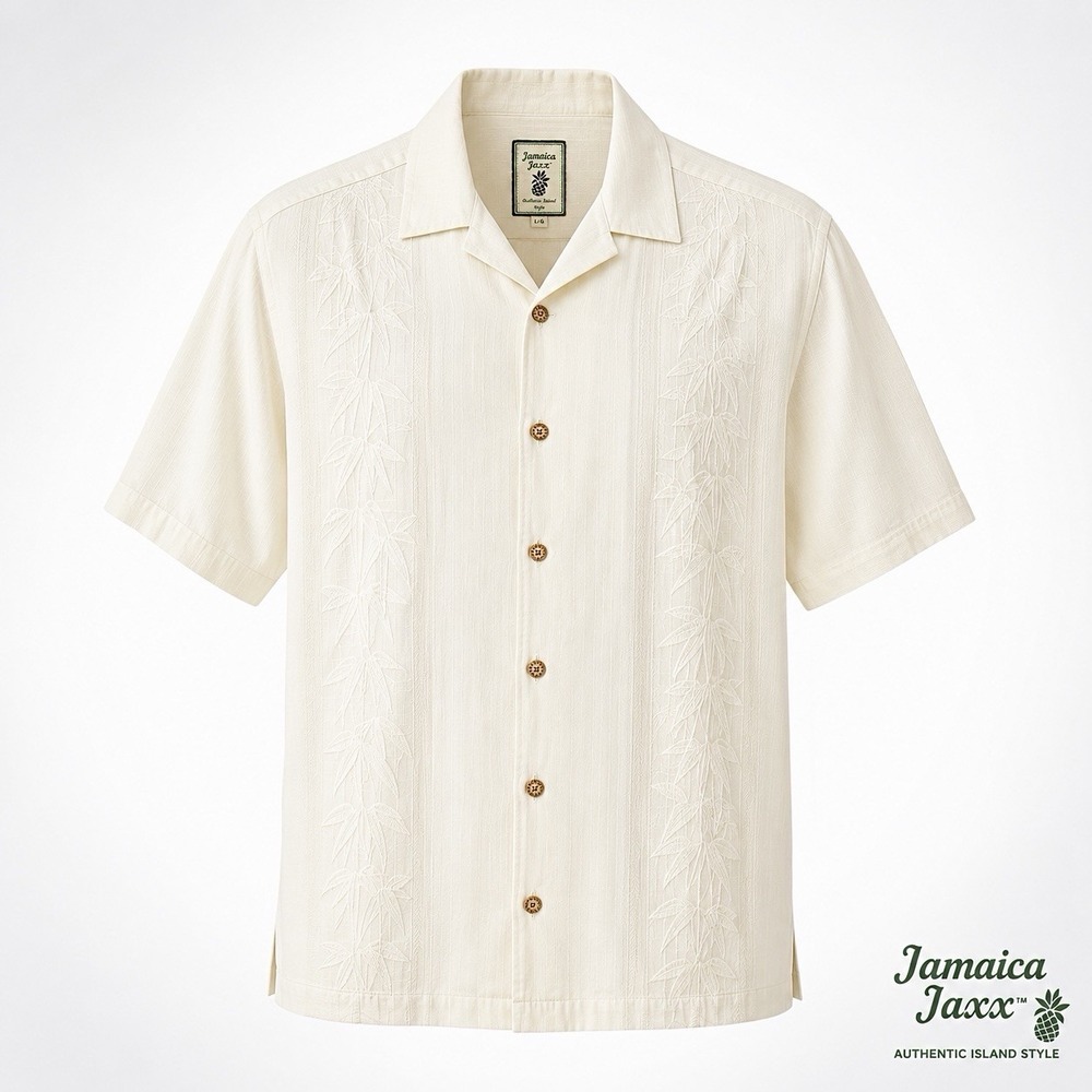 Jamaica Jaxx Men's Large 100% Silk Soft Cream Jacquard Embroidered Beach Shirt